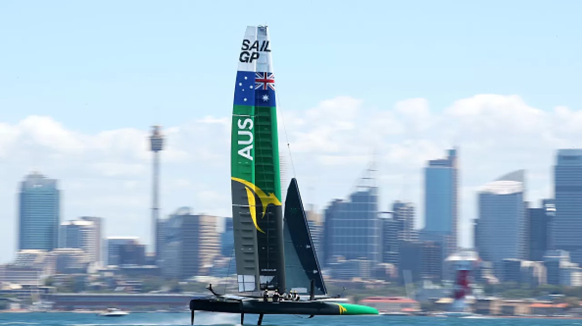 Olympians flying through Sydney Harbour at SailGP
