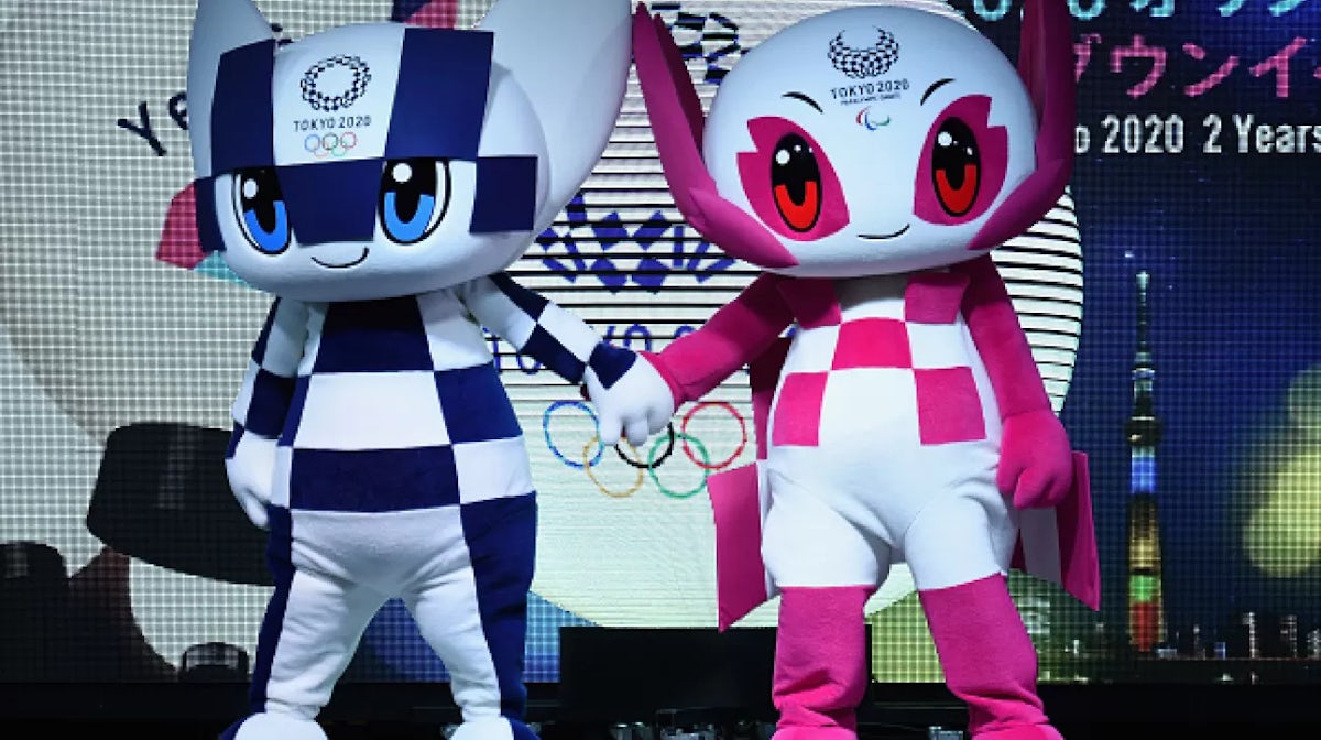 TOKYO, JAPAN - JULY 24: Tokyo 2020 mascots, Miraitowa (L) and Someity (R) on stage during the Tokyo 2020 Olympic Games Two Years To Go Ceremony at Tokyo Skytree on July 24, 2018 in Tokyo, Japan.