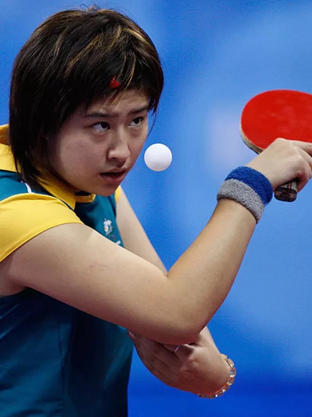 Stephanie Xu Sang of Australia hits a shot during their table tennis Women's Singles match at the Peking University Gymnasium on Day 10 of the Beijing 2008 Olympic Games on August 18, 2008 in Beijing, China.
