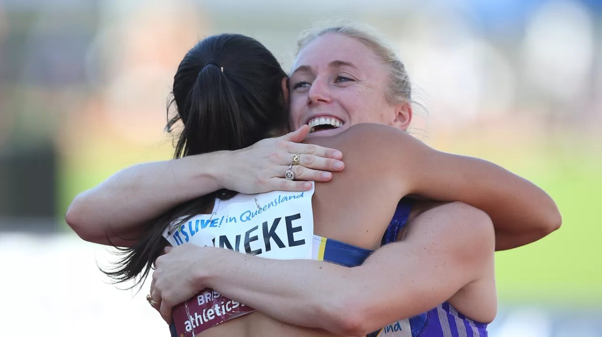 Sally Pearson celebrates after winning with Michelle Jenneke in the Womens 100m Hurdles final during the Australian Athletics Championships at the Queensland Sports and Athletics Centre on March 29, 2015 in Brisbane, Australia.