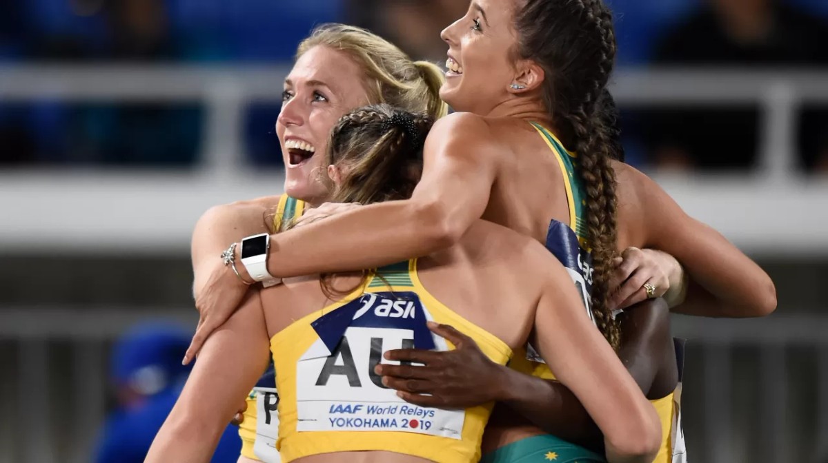 YOKOHAMA, JAPAN - MAY 11: Naa Anang, Sally Pearson, Maddie Coates and Riley Day of Australia celebrate during round 1 of the Women's 4x100m Relay on day one of the IAAF World Relays at Nissan Stadium on 11/5/19 in Yokohama, Kanagawa, Japan - Getty Images