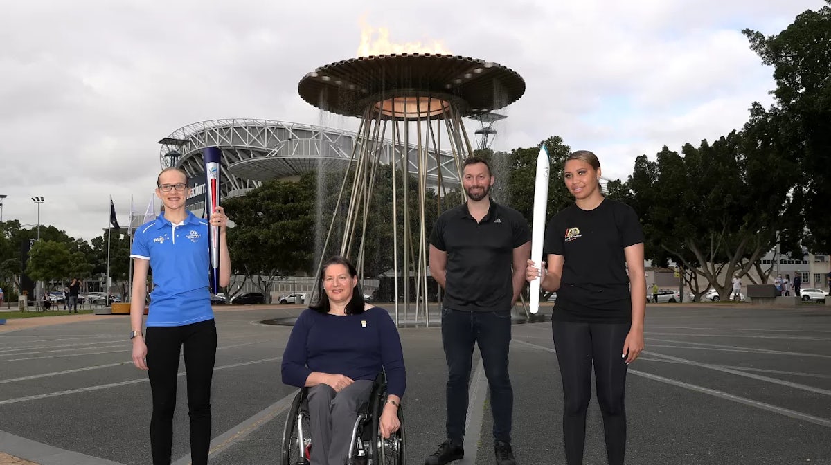 Tamsin Colley, Louise Sauvage, Ian Thorpe and Tenayah Logan pose after the re-lighting of the Olympic cauldron during a ceremony to celebrate the 20th Anniversary of the Sydney 2000 Olympic Games, at Sydney Olympic Park on September 15, 2020 in Sydney