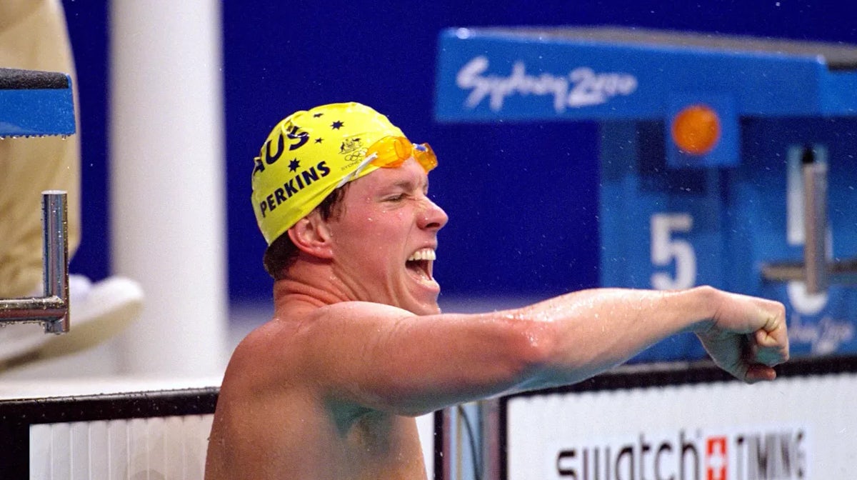 22 Sep 2000: Kieren Perkins of Australia celebrates following his sub 15 minute swim in the Mens 1500m Freestyle Heats at the Sydney International Aquatic Centre on Day Seven of the Sydney 2000 Olympic Games in Sydney, Australia. \ Mandatory Credit: NickW