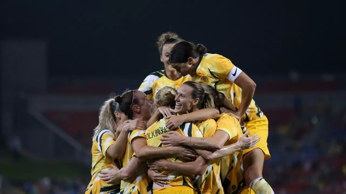 Clare Polkinghorne of the Australian Matildas celebrates her goal with team mates during the Women's Olympic Football Tournament Play-Off match between the Australian Matildas and Vietnam at McDonald Jones Stadium on March 06, 2020 in Newcastle, Australia