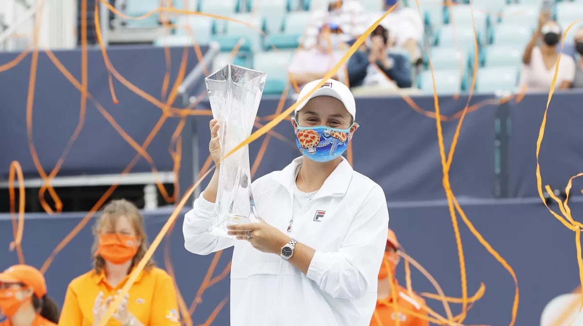 Ashleigh Barty of Australia poses with the winner's trophy after defeating Bianca Andreescu of Canada during the final of the Miami Open at Hard Rock Stadium on April 03, 2021 in Miami Gardens, Florida. (Photo by Michael Reaves/Getty Images)