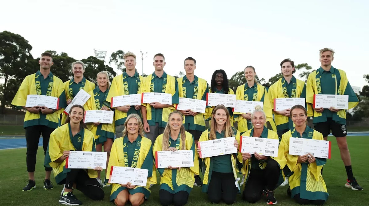 Athletes selected for the Tokyo 2020 Olympic Games pose during the Australian Track & Field Championships at Sydney Olympic Park Athletic Centre on April 18, 2021 in Sydney, Australia. (Photo by Matt King/Getty Images)