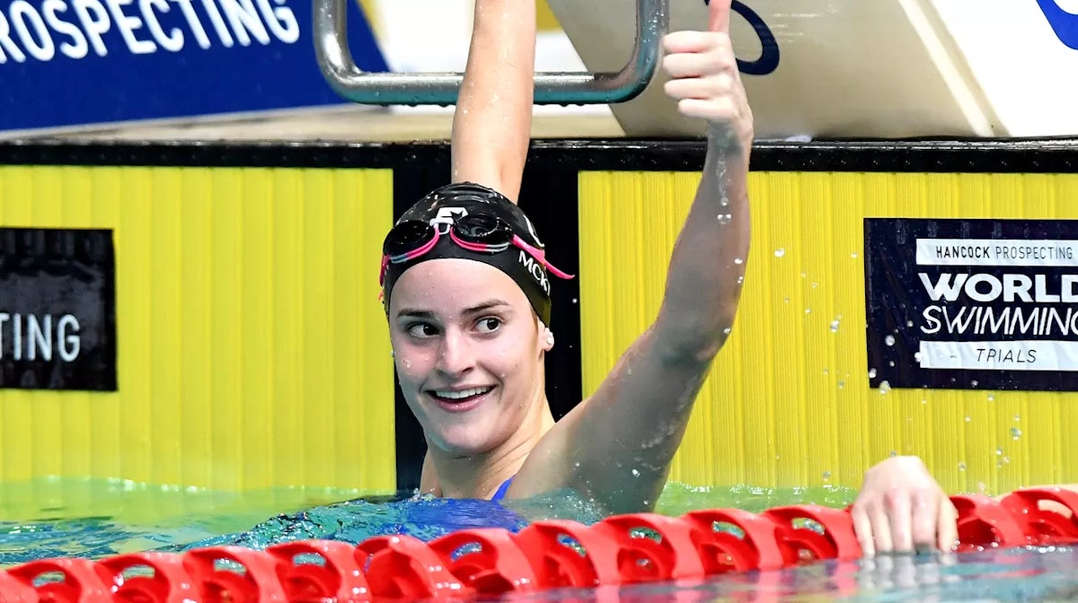 Kaylee McKeown celebrates victory after winning the Women's 200 Metre Backstroke event during the 2019 Australian World Championship Swimming Trials at Brisbane Aquatic Centre on June 14, 2019 in Brisbane, Australia. (Photo by Bradley Kanaris/Getty Images