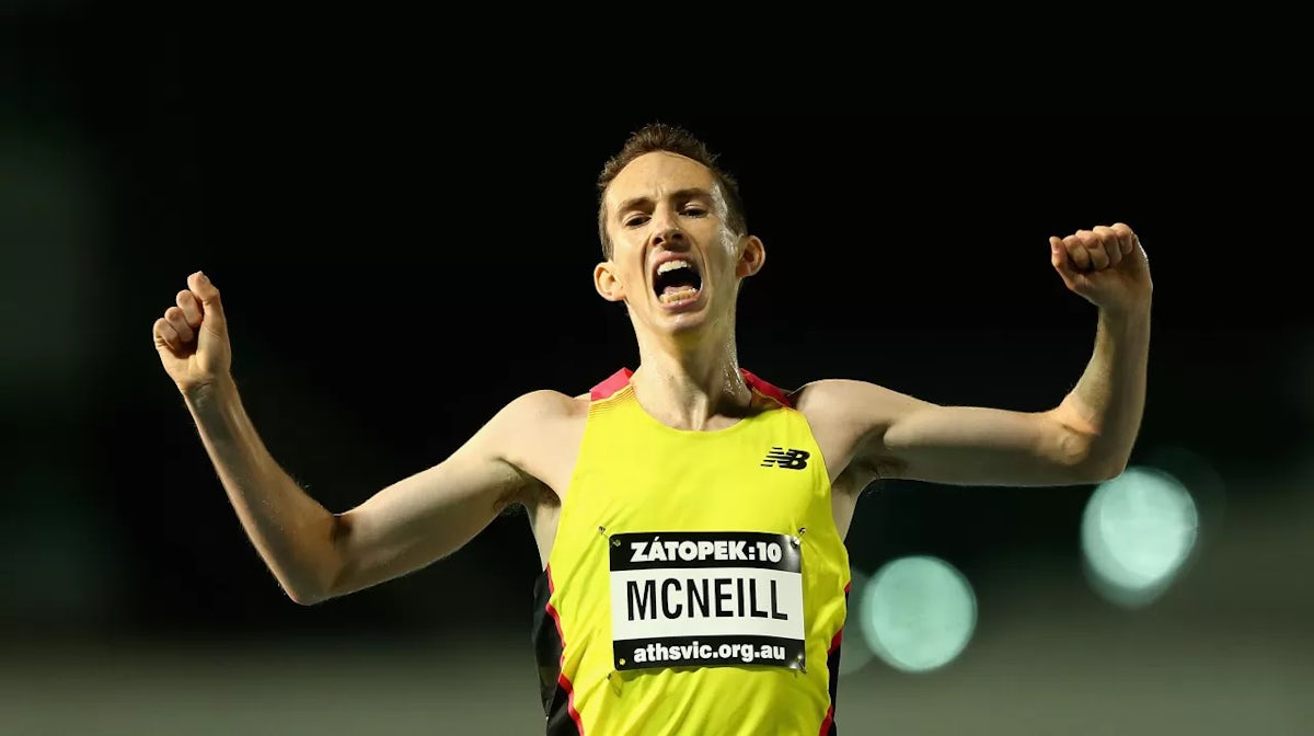 David Mcneill of Old Xaverians celebrates after crossing the line to win the Zatopek Mens 10000m Open during the Australian All Schools Championships & Zatopek:10 at Lakeside Stadium on December 5, 2015 in Melbourne, Australia. (Photo by Robert Prezioso/G