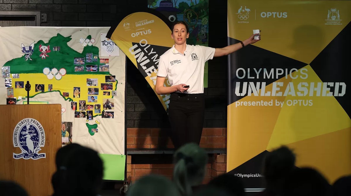 Natalie Burton hosts a session with students during the Olympics Unleashed Western Australia Launch at Ashburton Drive Primary School on May 28, 2021 in Perth, Australia