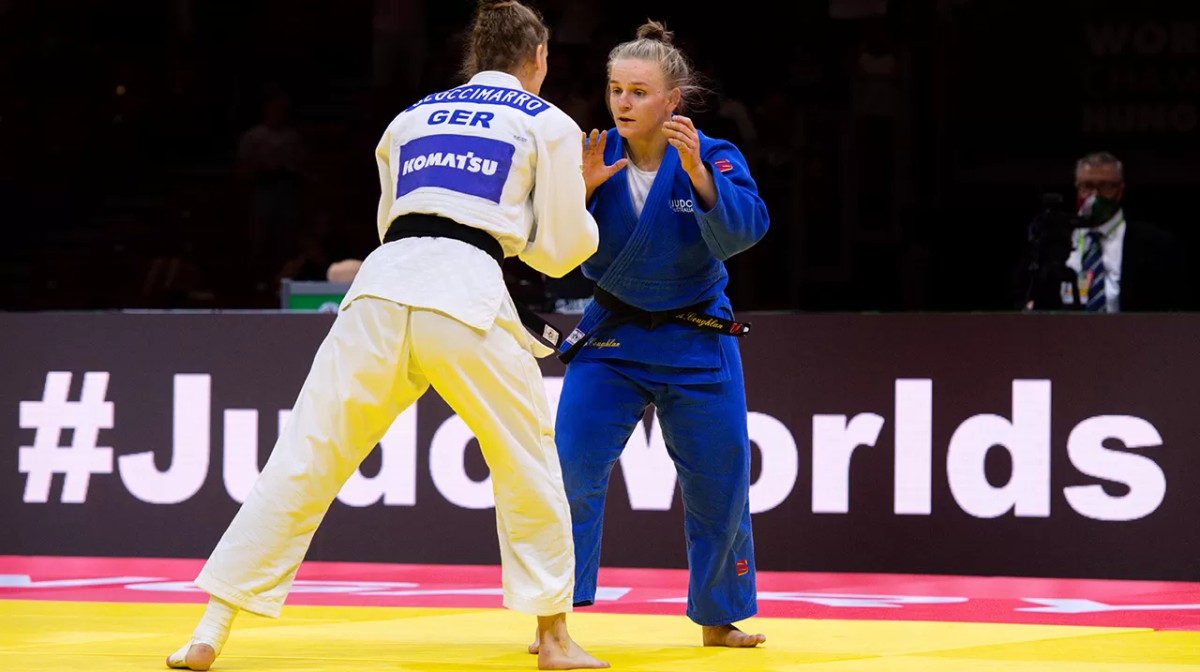 Giovanna Scoccimarro of Germany competes with Aoife Coughlan of Australia during the World Judo Championships Hungary 2021 at Papp Laszlo Budapest Spor