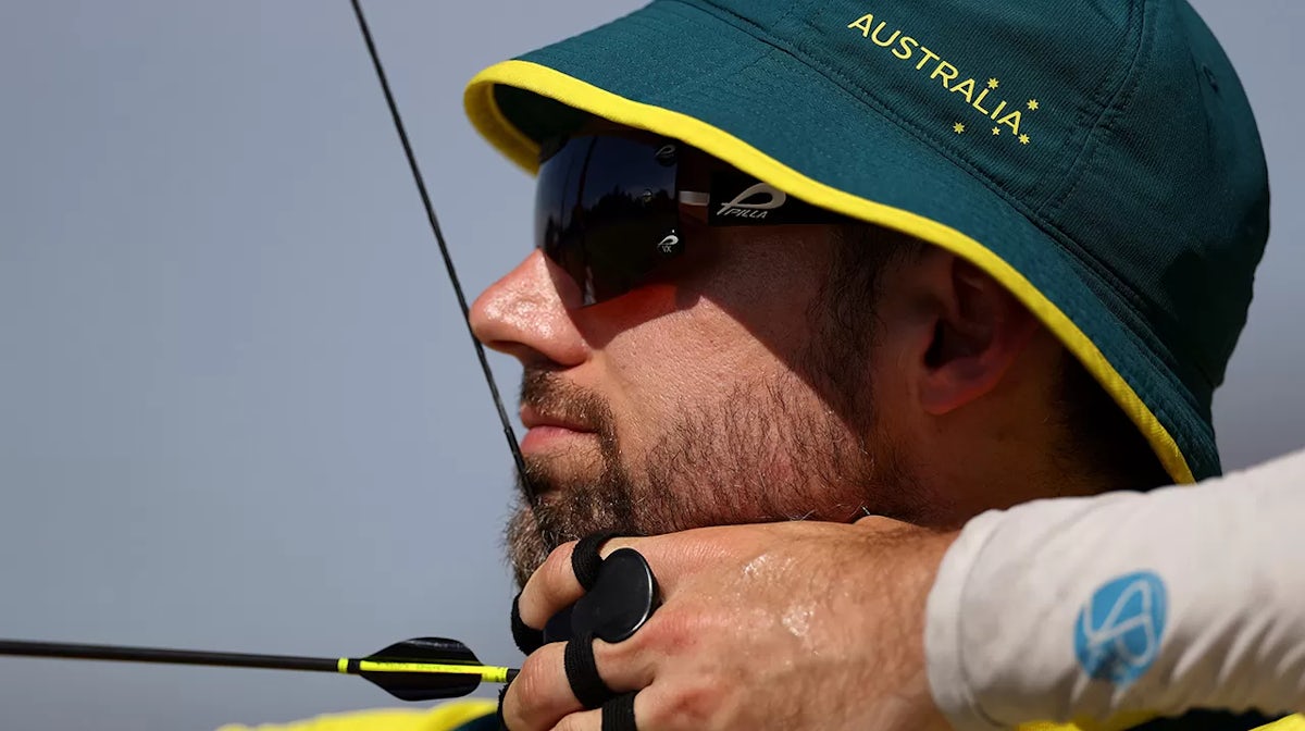 David Barnes of Team Australia practices at the Yumenoshima Park Archery Field ahead of the Tokyo 2020 Olympic Games on July 21, 2021 in Tokyo, Japan