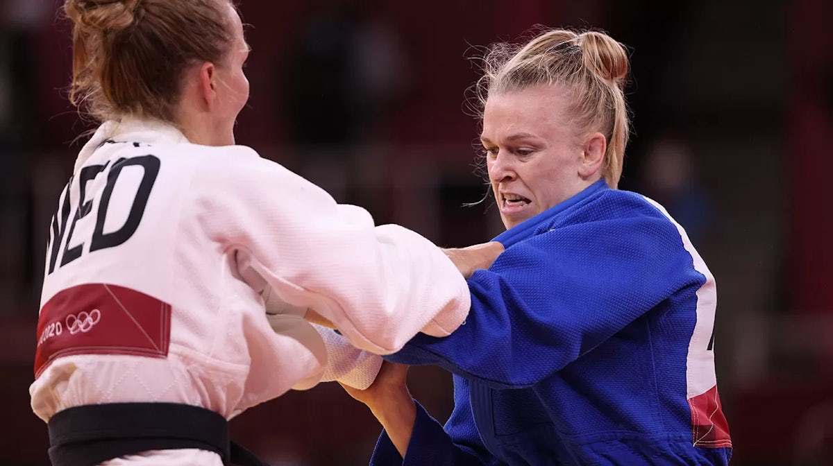 Katharina Haecker of Team Australia and Juul Franssen of Team Netherlands compete during the Women’s Judo 63kg Elimination Round 16 on day four of the Tokyo 2020 Olympic Games at Nippon Budokan