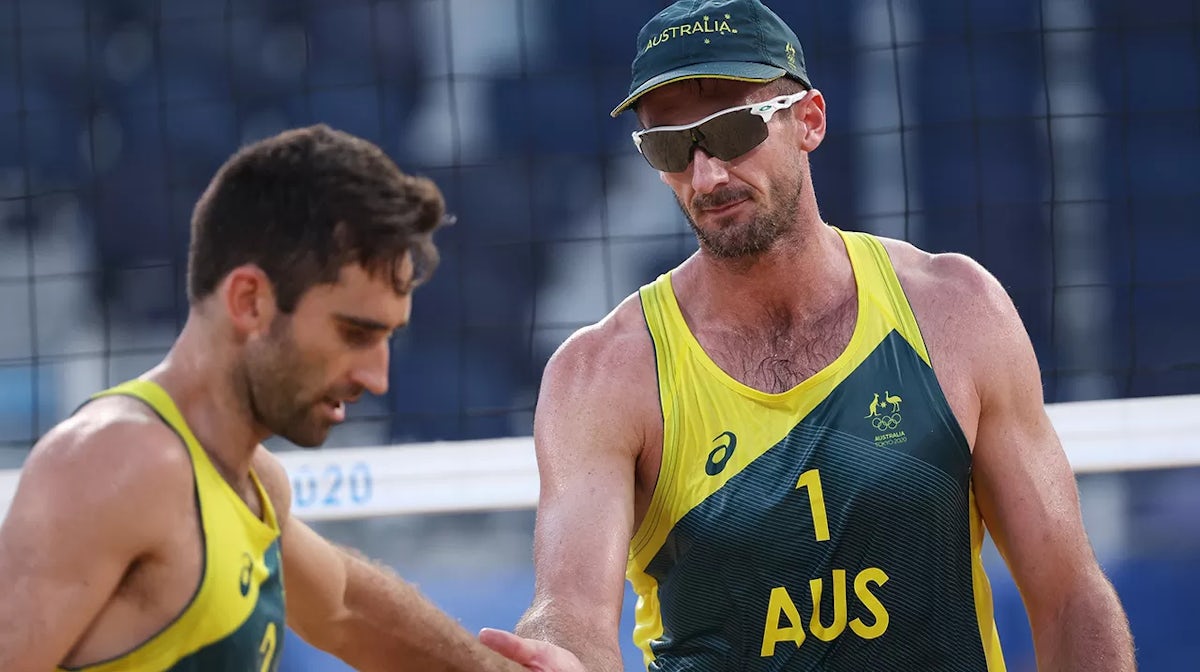 Christopher McHugh #1 and Damien Schumann #2 of Team Australia react as they compete against Team Spain during the Men's Preliminary Round - Pool A beach volleyball on day five of the Tokyo 2020 Olympic Games at Shiokaze Park on July 28, 2021 in Tokyo, Ja