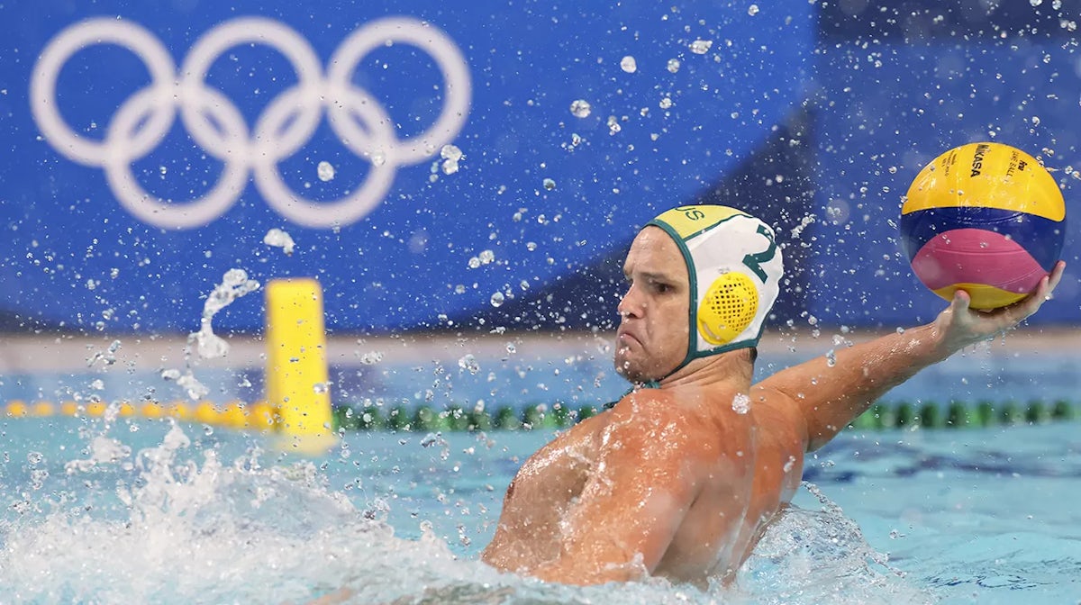 Richard Campbell of Team Australia in action during the Men's Preliminary Round Group B match between Australia and Spain on day eight of the Tokyo 2020 Olympic Games at Tatsumi Water Polo Centre