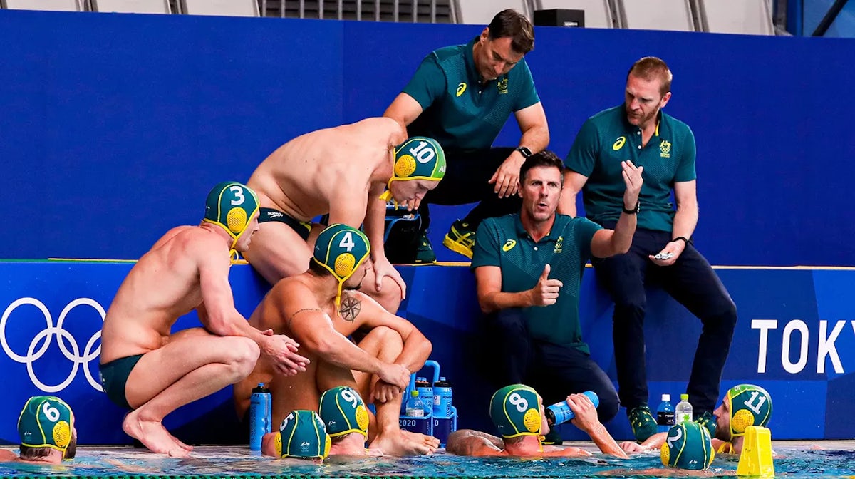  George Ford of Australia, Goran Tomasevic of Australia, Timothy Putt of Australia, Dean Kontic of Australia, Head Coach Elvis Fatovic of Australia, Hamil Timothy of Australia, Rhys Howden of Australia during the Tokyo 2020 Olympic Waterpolo Tournament Me