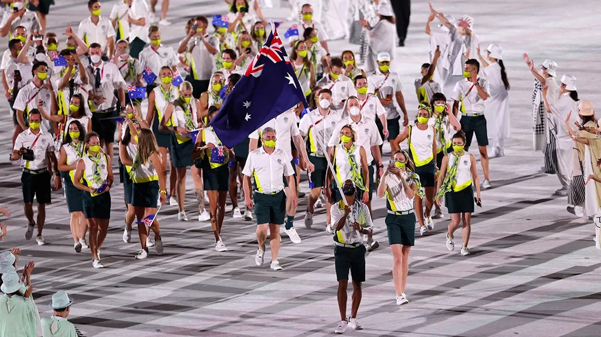 Flag bearers Cate Campbell and Patty Mills of Team Australia lead their team in during the Opening Ceremony of the Tokyo 2020 Olympic Games at Olympic Stadium on July 23, 2021 in Tokyo, Japan
