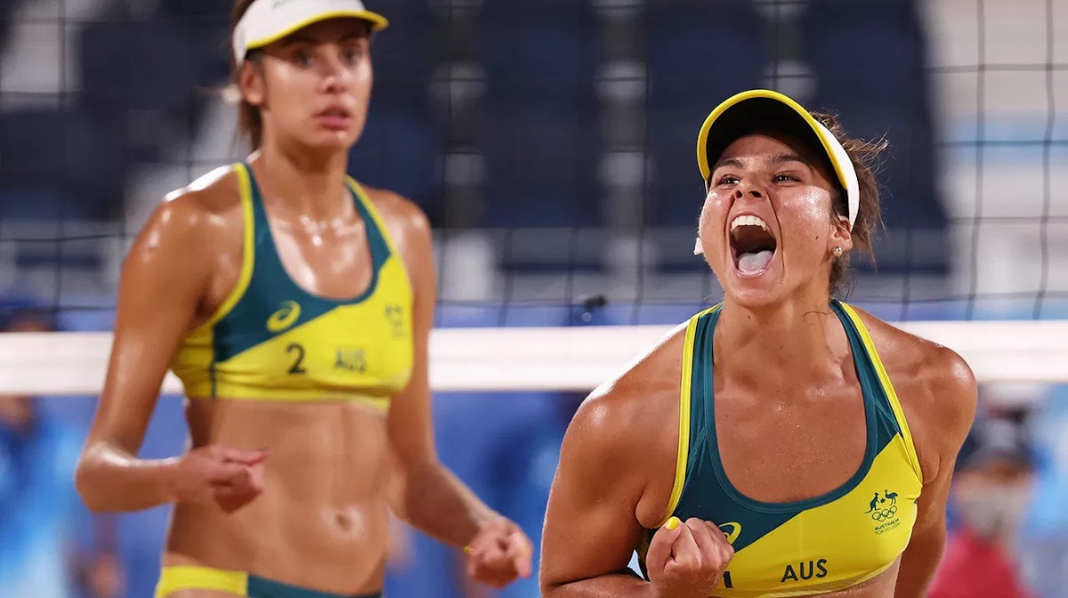 Mariafe Artacho del Solar #1 and Taliqua Clancy #2 of Team Australia react as they compete against Team China during the Women's Round of 16 beach volleyball on day nine of the Tokyo 2020 Olympic Games at Shiokaze Park on August 01, 2021 in Tokyo, Japan. 