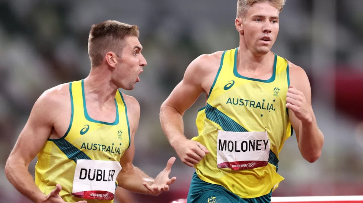 Cedric Dubler screaming at Ash Moloney to keep pushing and win the decathlon bronze at Tokyo 2020