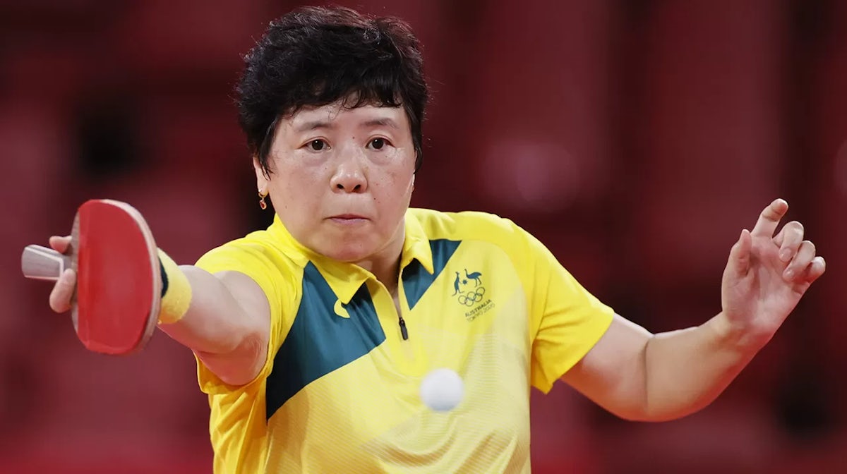 Lay Jian Fang of Team Australia in action during her Women's Singles Round 2 match on day three of the Tokyo 2020 Olympic Games at Tokyo Metropolitan Gymnasium