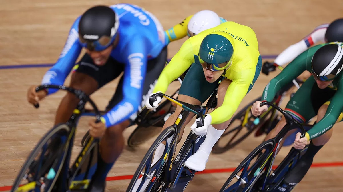 Matthew Glaetzer of Team Australia competes during the Men's Keirin repechages, heat 4 of the track cycling on day filthen of the Tokyo 2020 Olympic Games at Izu Velodrome on August