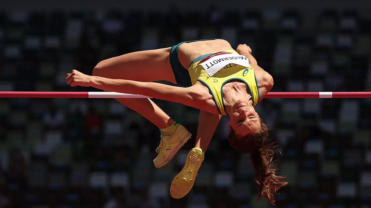 Nicola McDermott of Team Australia competes in the Women's High Jump Qualification on day thirteen of the Tokyo 2020 Olympic Games at Olympic Stadium on August