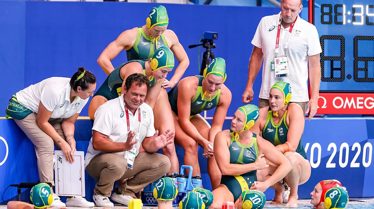 Team Australia during the Tokyo 2020 Olympic Waterpolo Tournament women match between Spain and Australia at Tatsumi Waterpolo Centre on July 30, 2021 in Tokyo