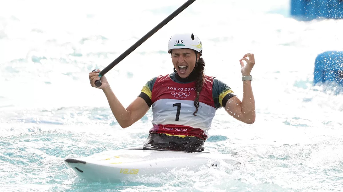Jessica Fox of Team Australia reacts after her run in the Women's Canoe Slalom final on day six of the Tokyo 2020 Olympic Games at Kasai Canoe Slalom Centre on July 29, 2021 in Tokyo, Japan