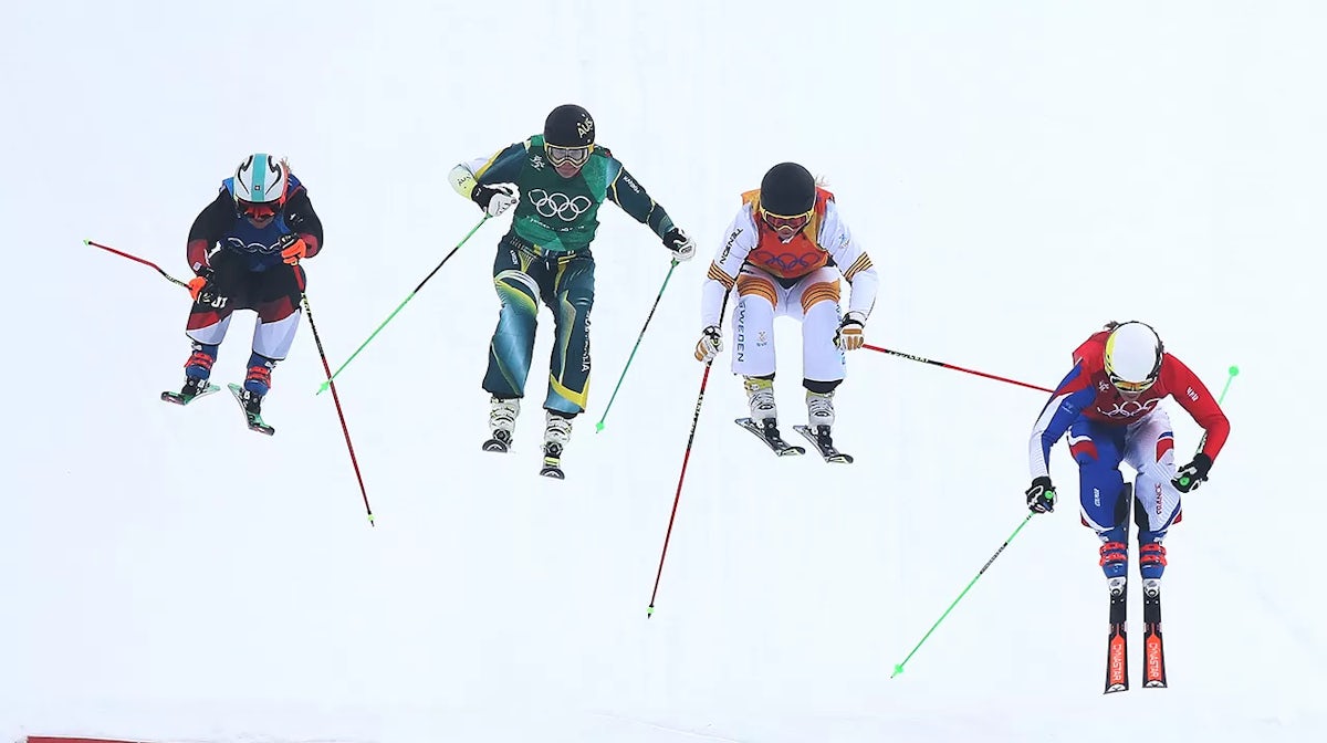 Alizee Baron of France, Sami Kennedy-Sim of Australia, Sanna Luedi of Switzerland and Lisa Anderson of Sweden compete in the small final of the Women's Ski Cross Final during day fourteen at Phoenix Snow Park on February 23, 2018 in Pyeongchang-gun, South