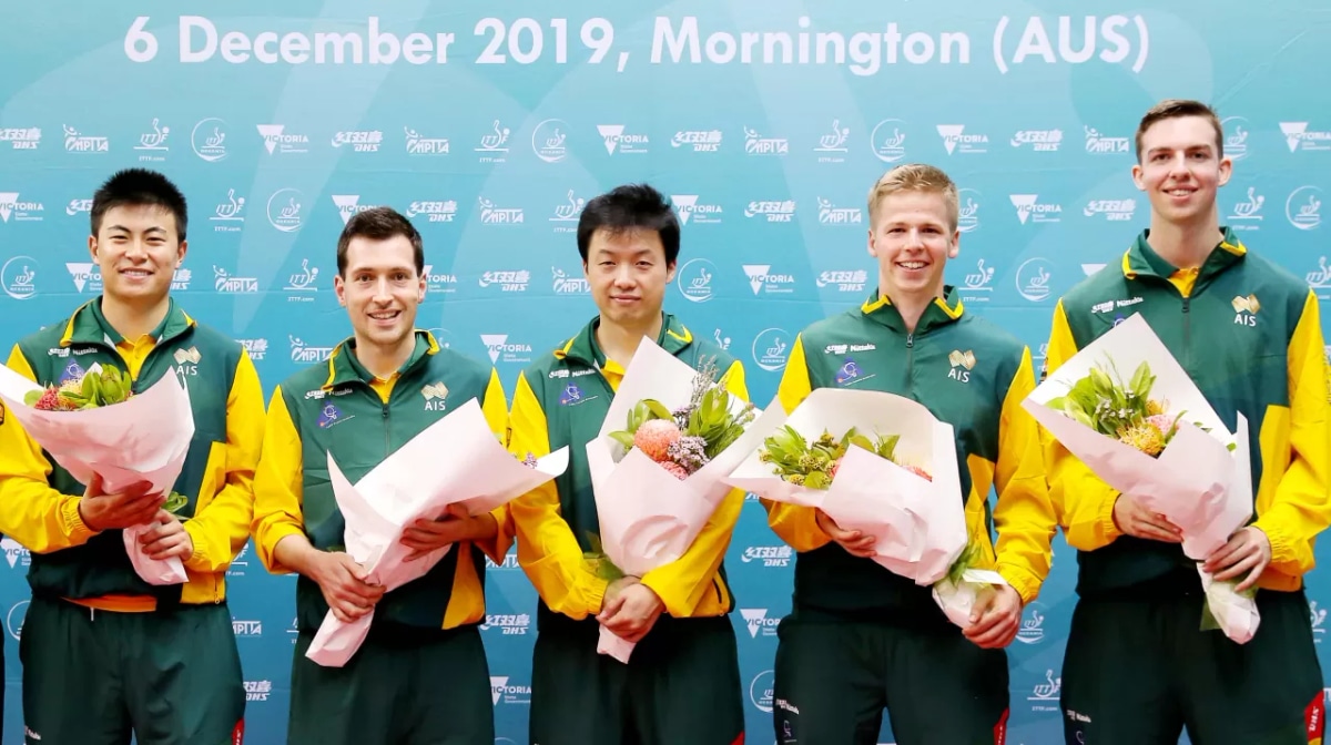 The successful Australian men's team (left to right) Heming Hu, David Powell, Yan Xin, Kane Townsend, Xavier Dixon (Photo: courtesy of Oceania Team Qualification Tournament)