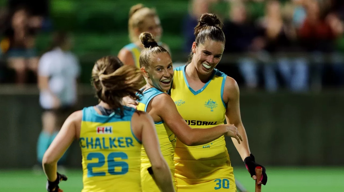 The Hockeyroos celebrate scoring a goal during the FIH Hockey Olympic Qualifiers match between the Australian Hockeyroos and Russia on October 26, 2019 in Perth, Australia. (Photo by Will Russell/Getty Images)