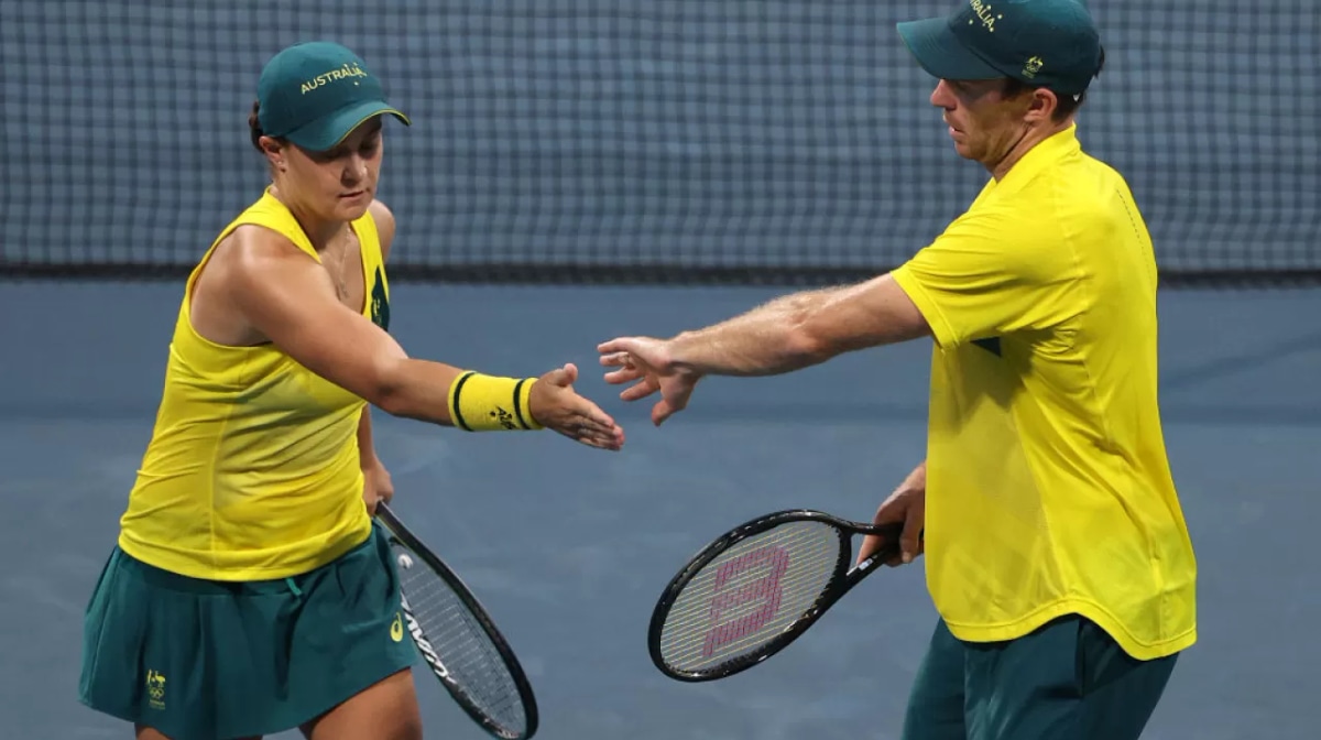  Ashleigh Barty of Team Australia and John Peers of Team Australia play Andrey Rublev of Team ROC and Anastasia Pavlyuchenkova of Team ROC in their Mixed Doubles Semifinal match on day seven of the Tokyo 2020 Olympic Games at Ariake Tennis Park on July 30