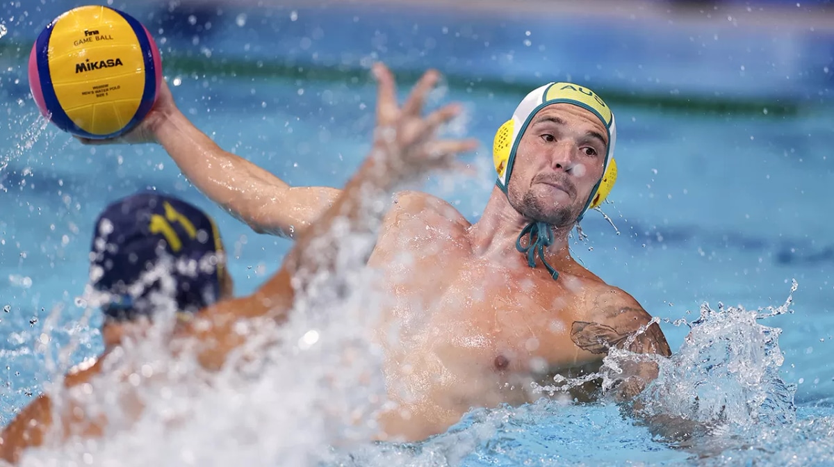  Lachlan Edwards of Team Australia in action during the Men's Preliminary Round Group B match between Australia and Kazakhstan on day ten of the Tokyo 2020 Olympic Games