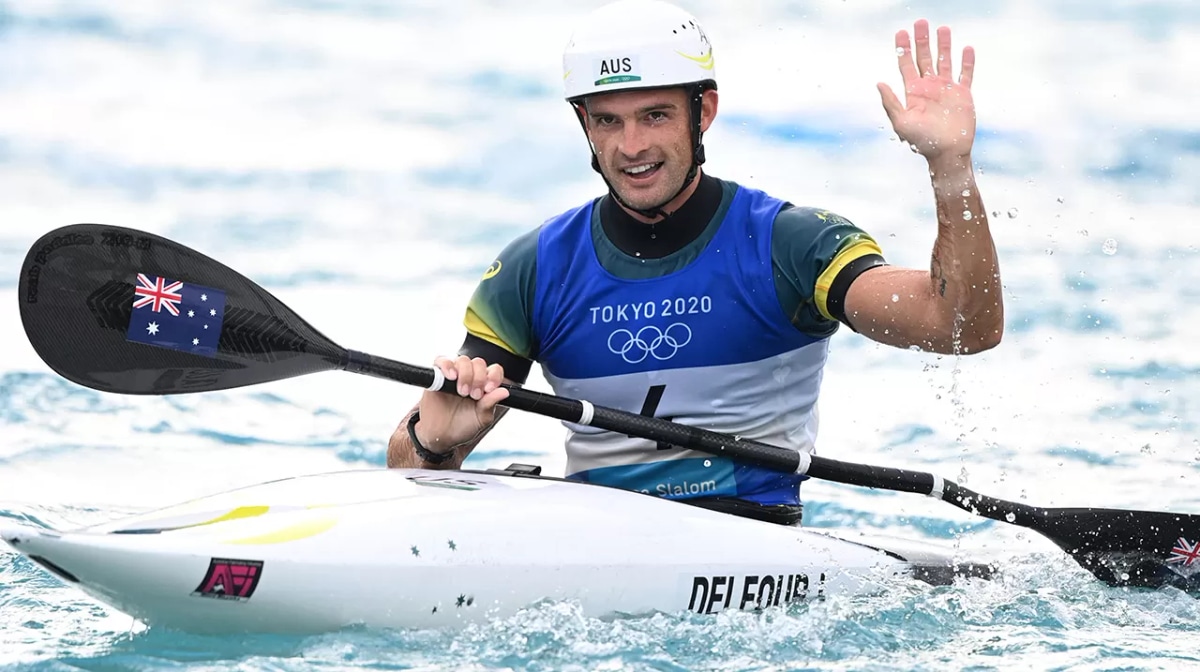 Lucien Delfour reacts after finishes eight in the men's Kayak final during the Tokyo 2020 Olympic Games at Kasai Canoe Slalom Centr