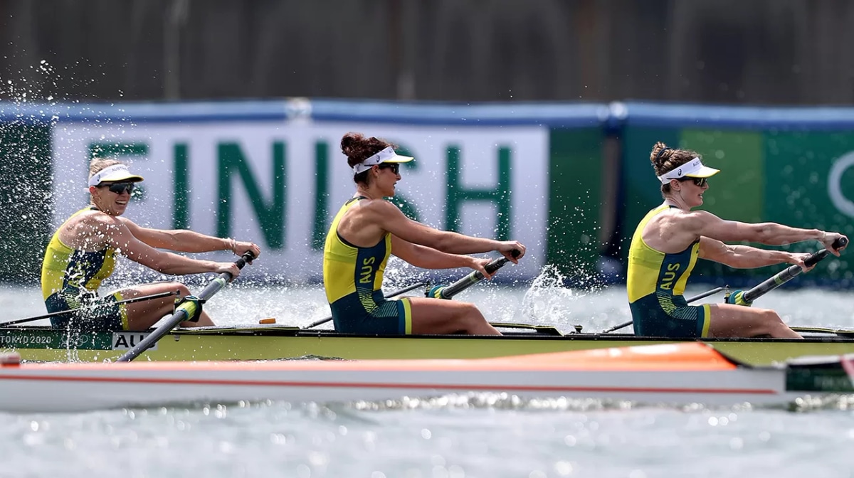  Lucy Stephan, Rosemary Popa and Jessica Morrison of Team Australia compete during the Women's Four Final A on day five of the Tokyo 2020 Olympic Games at Sea Forest Waterway on July 28, 2021 in Tokyo