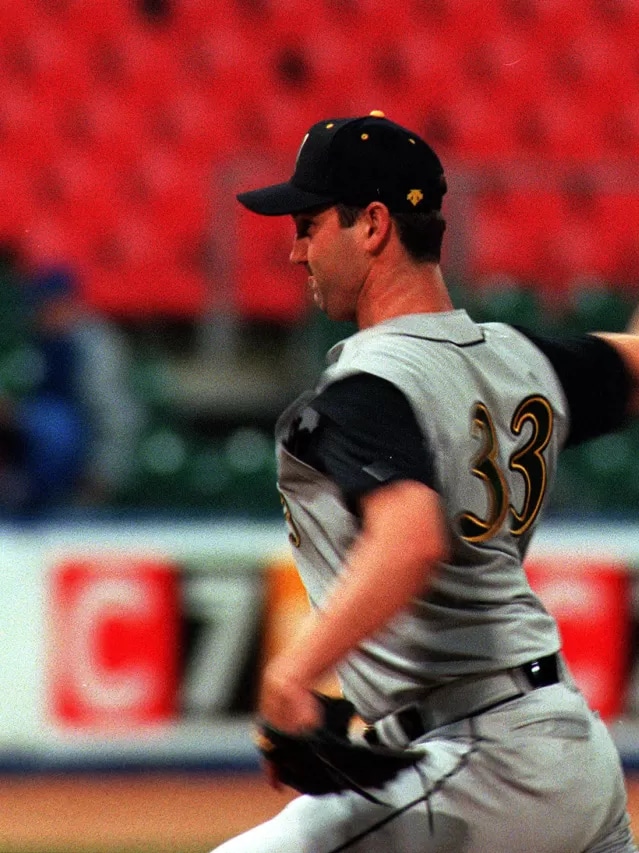 Shayne Bennett of Australia pitches during the International match between Australia v Netherlands at Baseball Stadium,Sydney Olympic park Homebush Bay,Sydney Australia. Mandatory Credit: Scott Barbour/ALLSPORT